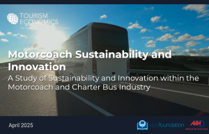 The cover image of the 2025 Motorcoach Sustainability: A Study of Sustainability within the Charter Bus Industry research. The image shows the report name in white text overlayed on an image of a white charter bus driving on a freeway. The Tourism Economics, An Oxford Economics Company, logo is on the top left corner. A dark blue bar is on the bottom of the image, which includes the ABA Foundation and ABA logos in the bottom right. 